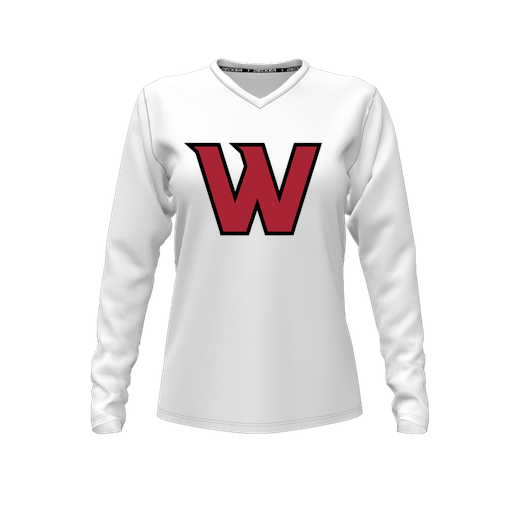 [CUS-DFW-TEES-PER-VNK-LSL-WHT-FYXS-LOGO2] Decker Performance T-Shirt (Female Youth XS, White, V Neck, Logo 2, Long Sleeve)