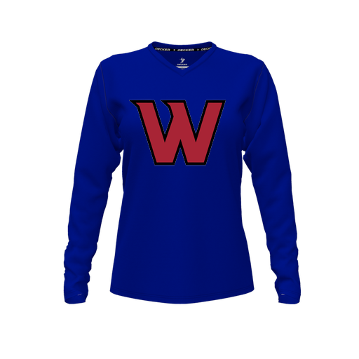[CUS-DFW-TEES-PER-VNK-LSL-RYL-FYXS-LOGO2] Decker Performance T-Shirt (Female Youth XS, Royal, V Neck, Logo 2, Long Sleeve)